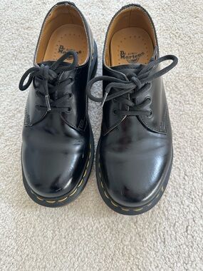 Dr. Martens Black Lace-Up Leather oxfords with Yellow Stitching
